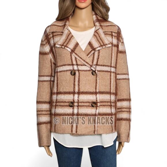 Rachel Zoe Tan Brown Plaid Jacket Eyelash Texture Soft Stretch Coatigan Size M - Picture 2 of 11